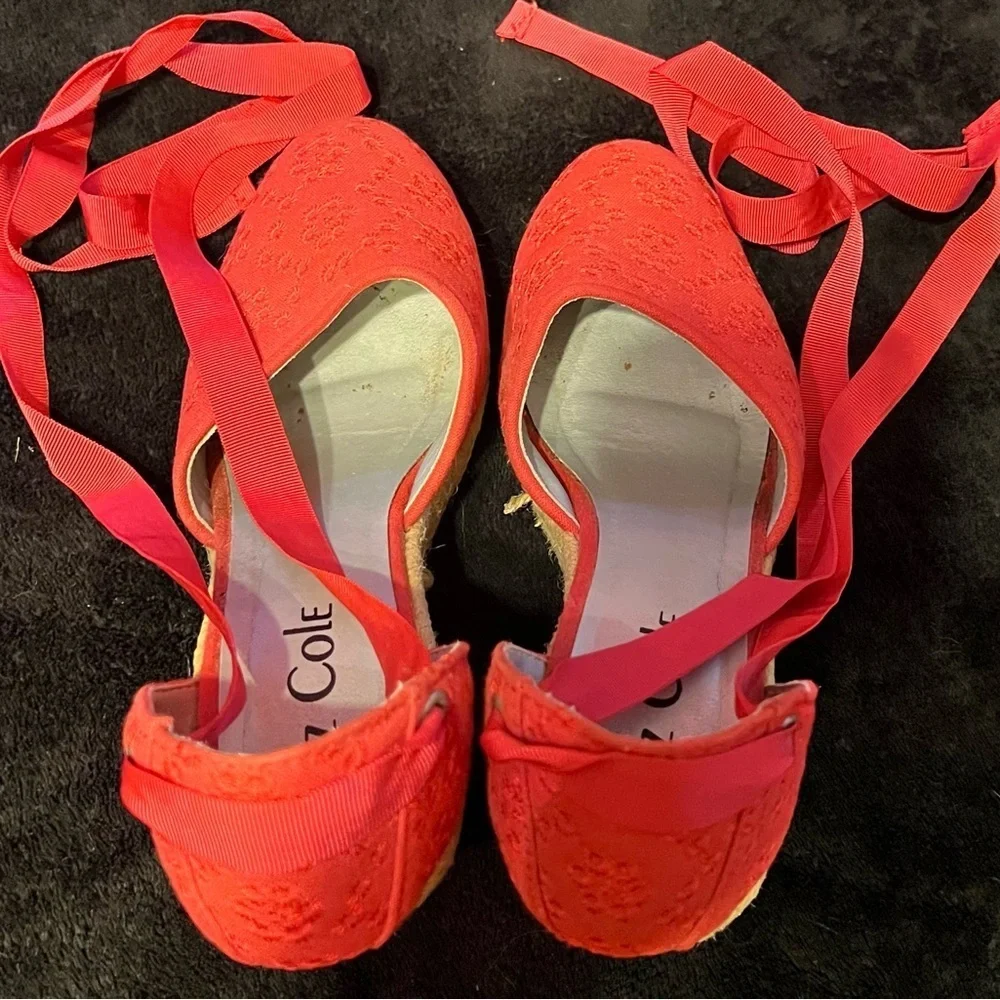 Vtg Y2K Liz Cole Red Espadrille Wedge Ballerina Ankle Tie Sandals